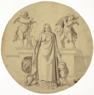 Allegorical Female Figure with Lion, Lamb, Two Putti, n.d. Creator: Frederic Leighton.