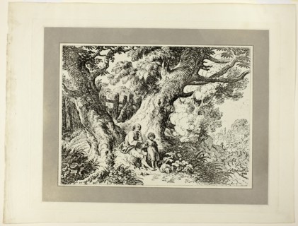 Old Trees with Old Man, a Girl, and a Dog, from the first issue of Specimens of..., 1802. Creator: Richard Corbould.