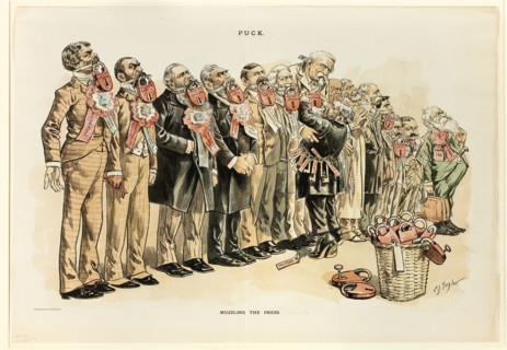 Muzzling the Press, from Puck, published May, 1889. Creator: Charles Jay Taylor.