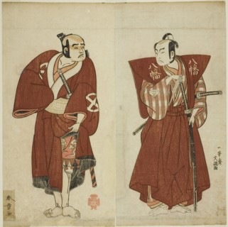 The Actors Onoe Matsusuke I as Yawata no Saburo (right), and Otani Tomoemon I as the..., c. 1772. Creator: Shunsho.