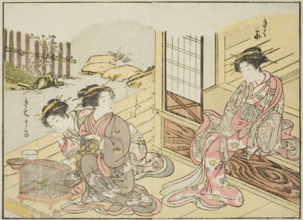 Courtesans of the Kagemanjiya, from the book "Mirror of Beautiful Women of the Pleasure..., 1776. Creator: Shunsho.