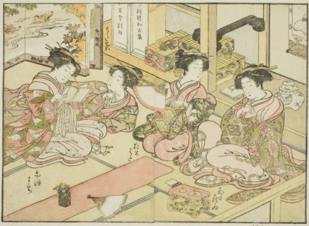 Courtesans of the Ogiya, from the book "Mirror of Beautiful Women of the Pleasure Quarters..., 1776. Creator: Shunsho.