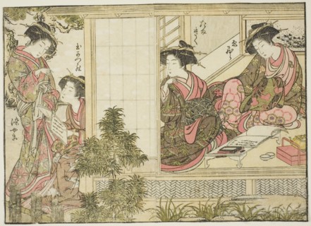 Courtesans of Oebuji, from the book "Mirror of Beautiful Women of the Pleasure Quarters..., 1776. Creator: Shunsho.