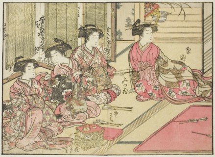 Courtesans of Kiriya, from the book "Mirror of Beautiful Women of the Pleasure Quarters..., 1776. Creator: Shunsho.