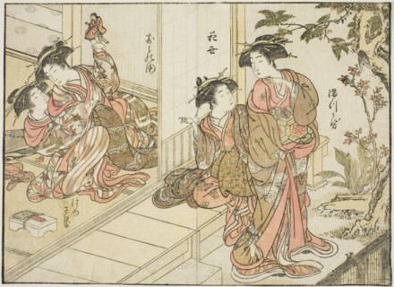 Courtesans of Maruebiya, from the book "Mirror of Beautiful Women of the Pleasure Quarters..., 1776. Creator: Shunsho.