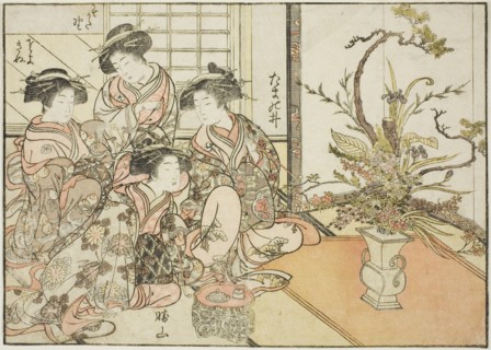 Courtesans of Yotsumaya, from the book "Mirror of Beautiful Women of the Pleasure Quarters..., 1776. Creator: Shunsho.