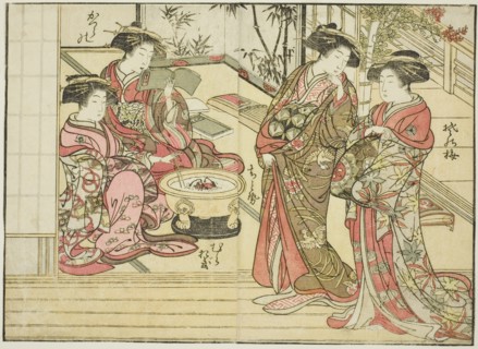 Courtesans of Otawaraya, from the book "Mirror of Beautiful Women of the Pleasure Quarters..., 1776. Creator: Shunsho.
