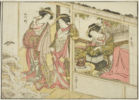 Courtesans of the Nakaomiya, from the book "Mirror of Beautiful Women of the Pleasure..., 1776. Creator: Shunsho.