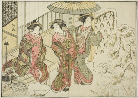 Courtesans of the Nakaomiya, from the book "Mirror of Beautiful Women of the Pleasure..., 1776. Creator: Shunsho.