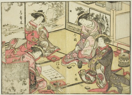 Courtesans of the Kadokaneya, from the book "Mirror of Beautiful Women of the Pleasure..., 1776. Creator: Shunsho.