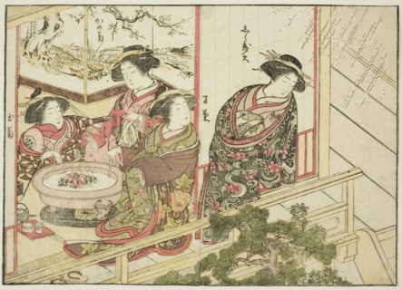 Courtesans of the Kiribishiya, from the book "Mirror of Beautiful Women of the Pleasure..., 1776. Creator: Shunsho.