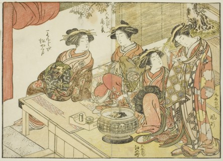 Four courtesans of various houses, from the book "Mirror of Beautiful Women of the Pleasure..., 1776 Creator: Shunsho.