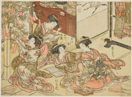 Courtesans of the Shin Kanaya, from the series "Mirror of Beautiful Women of the Pleasure..., 1776. Creator: Shunsho.
