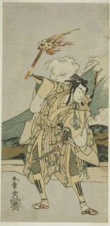 The Actor Ichikawa Monnosuke II as Soga no Goro Tokimune in the Play Haru wa Soga..., c. 1772. Creator: Shunsho.
