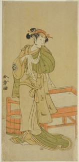 The Actor Yamashita Kinsaku II as Moshio in the Play Izu-goyomi Shibai no Ganjitsu..., c.1772. Creator: Shunsho.