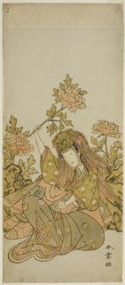 The Actor Nakamura Noshio I in a "Shak-kyo Odori" (Stone Bridge Dance), in the Play..., c. 1773. Creator: Shunsho.