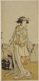 The Actor Segawa Yujiro I as Osai, a Female Hairdresser, in the Play Kamuri Kotoba Soga..., c. 1776. Creator: Shunsho.