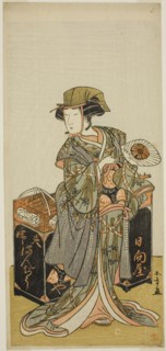 The Actor Nakamura Tomijuro I as the Female Beancake Peddler Hyugaya in the Play..., c. 1777. Creator: Shunsho.