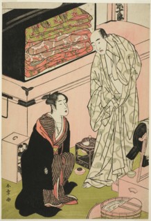 The Actor Sawamura Sojuro III (right), in His Dressing Room in Conversation with the..., c. 1780/83. Creator: Shunsho.