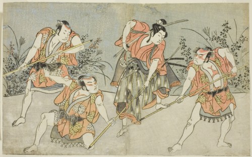 The Actors Nakamura Kashiwagi as a Wakashu (second from right), and Three..., Japan, c. 1772. Creator: Shunsho.