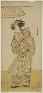 The Actor Ikushima Daikichi III as the Courtesan Naniwazu in the Play Saki Masuya Ume..., c. 1777. Creator: Shunsho.