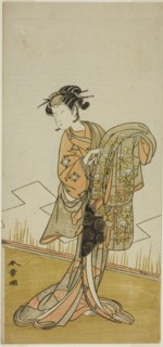 The Actor Nakamura Riko I as the Courtesan Wakamatsu (?) in the Play Gohiiki Kanjincho..., c. 1773. Creator: Shunsho.