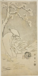 A Pilgrim Praying through the Night to the Buddha (kannenbutsu) is Startled by a Ghostly..., c.1768. Creator: Shunsho.