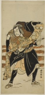 The Actor Nakamura Nakazo I as Abe no Sadato (?) in the Play Date Nishiki Tsui no Yumitori..., c1778 Creator: Shunsho.