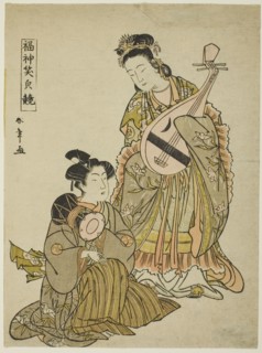 The Goddess Benten Holding a Biwa and a Young Man Holding a Shoulder Drum..., late 1780s. Creator: Shunsho.