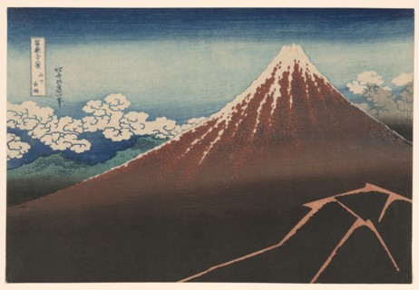 Shower Below the Summit (Sanka hakuu), from the series "Thirty-Six Views of Mount Fuji..., c1830/33. Creator: Hokusai.