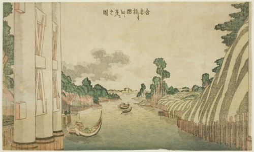 Sumida River seen from Azuma Bridge (Azumabashi yori Sumida wo miru no zu), from a group, c.1800/05. Creator: Hokusai.