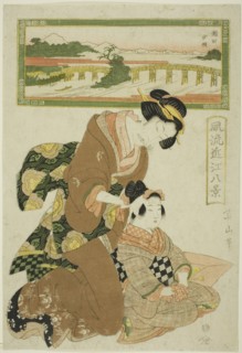 Evening Glow at Seta (Seta sekisho), from the series "Fashionable Eight Views of..., c. 1814/17. Creator: Kikukawa Eizan.