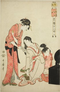Hour of the Horse (Uma no koku), from the series "Twelve Hours in Yoshiwara..., Japan, c. 1794. Creator: Kitagawa Utamaro.
