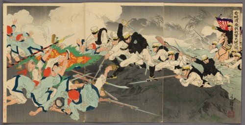 Great Victory of Our Troops at the Fierce Battle of the Ansong Ford (Anjo no watashi..., 1894/95. Creator: Migita Toshihide.
