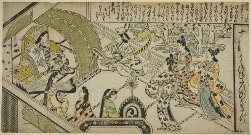 Yoshitsune's Encounter with Princess Joruri, from "The Tale of Joruri in Twelve..., c. 1684/1704. Creator: Sugimura Jihei.