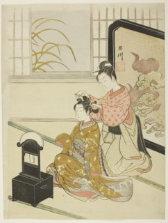 The Autumn Moon in the Mirror (Kyodai no shugetsu), from the series "Eight Views...c. 1766. Creator: Suzuki Harunobu.