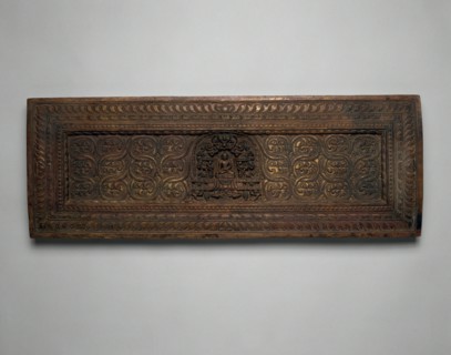 Manuscript Cover with Enshrined Sakyamuni Buddha with Hand in Earth Touching..., 15th century. Creator: Unknown.