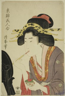 Beauty applying rouge, from the series "Comaprison of Beauties in Eastern Brocade...c. 1804/10. Creator: Torii Kiyomitsu II.