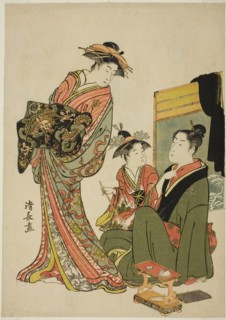 The Actor Nakamura Riko with a courtesan, from an untitled series of aiban prints..., c. 1781/82. Creator: Torii Kiyonaga.