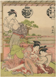 Two Geisha Struggling for a Letter (Fumi no arasoi), from the series "Flowers of Nakasu..., c. 1781. Creator: Torii Kiyonaga.