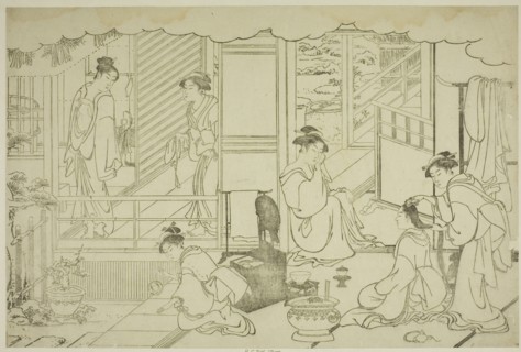 The First Bath of the New Year (Yudono hajime), from the illustrated book "Colors of the..., c.1787. Creator: Torii Kiyonaga.