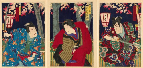 The actors Nakamura Shikan IV as Fuwa Banzaemon, Nakamura Fukusuke IV as the..., 1885. Creator: Toyohara Kunichika.
