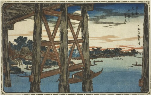 Twilight Moon at the Ryogoku Bridge (Ryogoku no yoizuki), from the series "Famous Views..., c. 1831. Creator: Ando Hiroshige.
