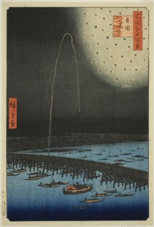 Fireworks at Ryogoku (Ryogoku hanabi), from the series "One Hundred Famous...", 1858. Creator: Ando Hiroshige.