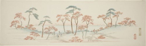 Maples at Kaianji Temple (Kaianji koyo), from an untitled series of famous views of the...c1839/40. Creator: Ando Hiroshige.