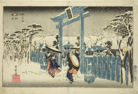 The Gion Shrine in Snow (Gionsha setchu), from the series "Famous Places in Kyoto...", c. 1834. Creator: Ando Hiroshige.
