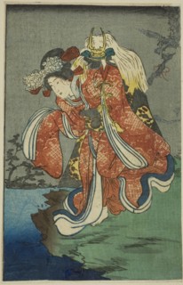 Shizuka Gozen, section of a sheet from the series "A Harimaze Mirror of Joruri...", 1854. Creator: Utagawa Kuniyoshi.