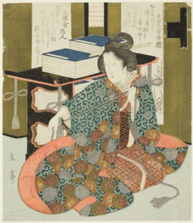 A Woman Pulling the Cord of a Wheeled Book Case, from the series "A Set of Seven...", c. 1825. Creator: Gakutei.