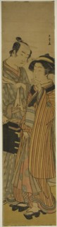The Actors Segawa Kikunojo III as Okoma (right), and Arashi Sangoro III as the Hairdres..., c. 1776. Creator: Shunsho.