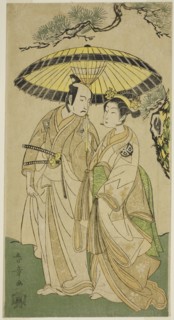 The Actors Arashi Hinaji I (right), and Ichikawa Komazo II (left), as Princess Sakura..., c. 1769. Creator: Shunsho.